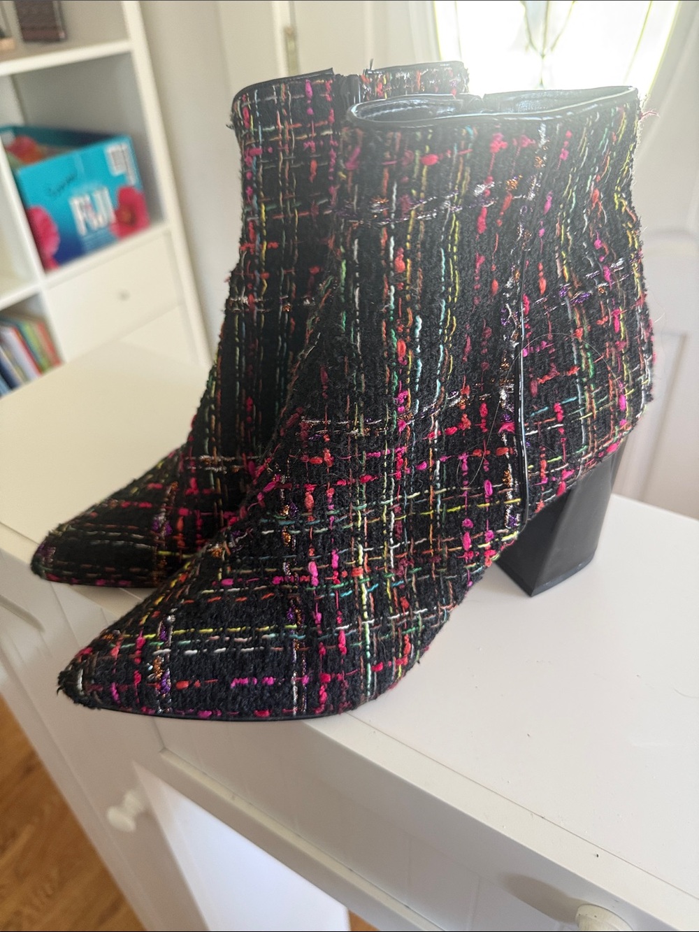 Pointed Tweed Ankle Boots in Black with Multicolor Stitching